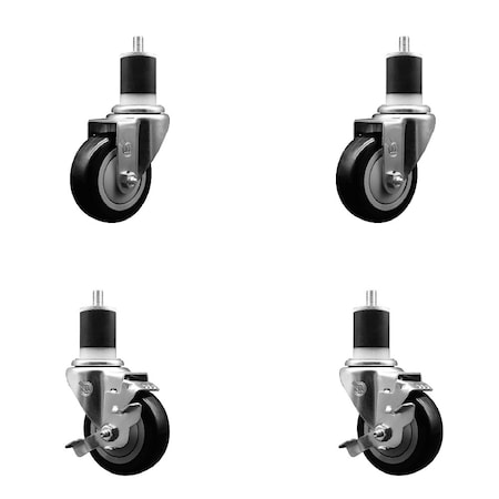 Service Caster 3.5'' SS Black Poly Wheel Swivel 1-7/8'' Expanding Stem Caster Set 2 Brakes, 4PK SCC-SSEX20S3514-PPUB-BLK-2-TLB-2-178